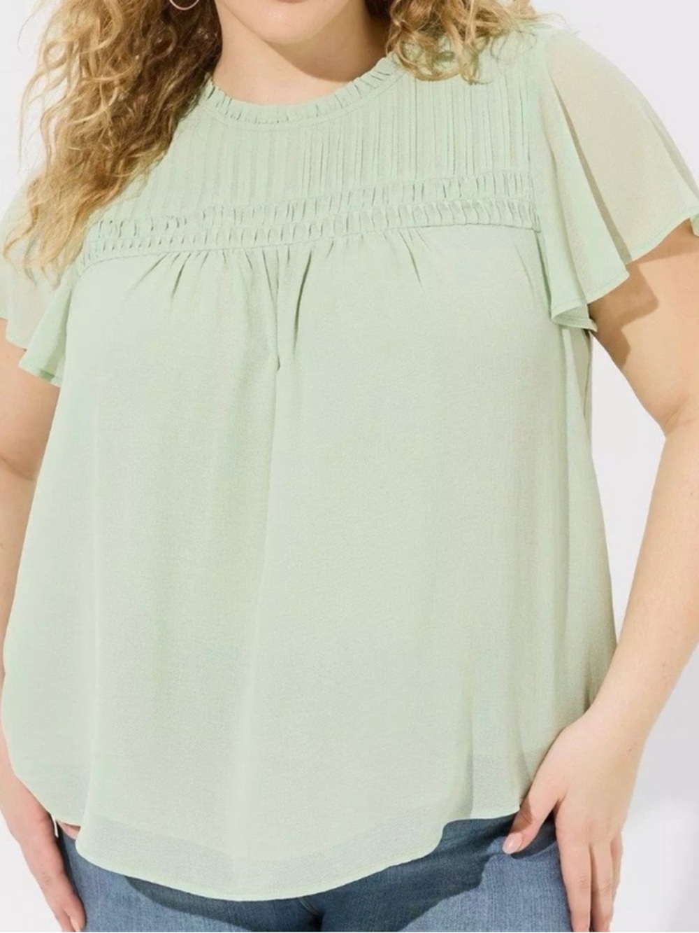 torrid Mint Green Flutter Sleeve Pintuck Yoke Top